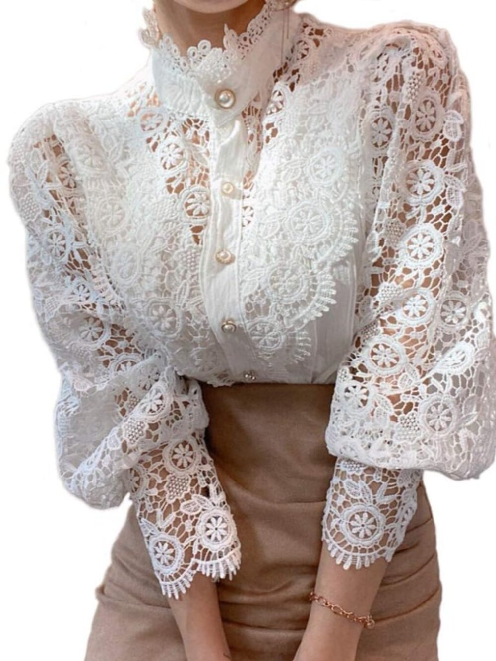 Women’s Elegant Lace Trim Shirts Casual Victorian Blouse Long Sleeve Button Down